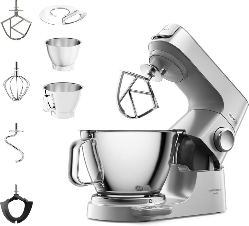 Kenwood Titanium Chef Baker KVL85.424SI Robot pâtissier avec balance intégrée – Kit pâtisserie 4 pièces, bols 7 L et 5 L, vitesse variable, 1200 W