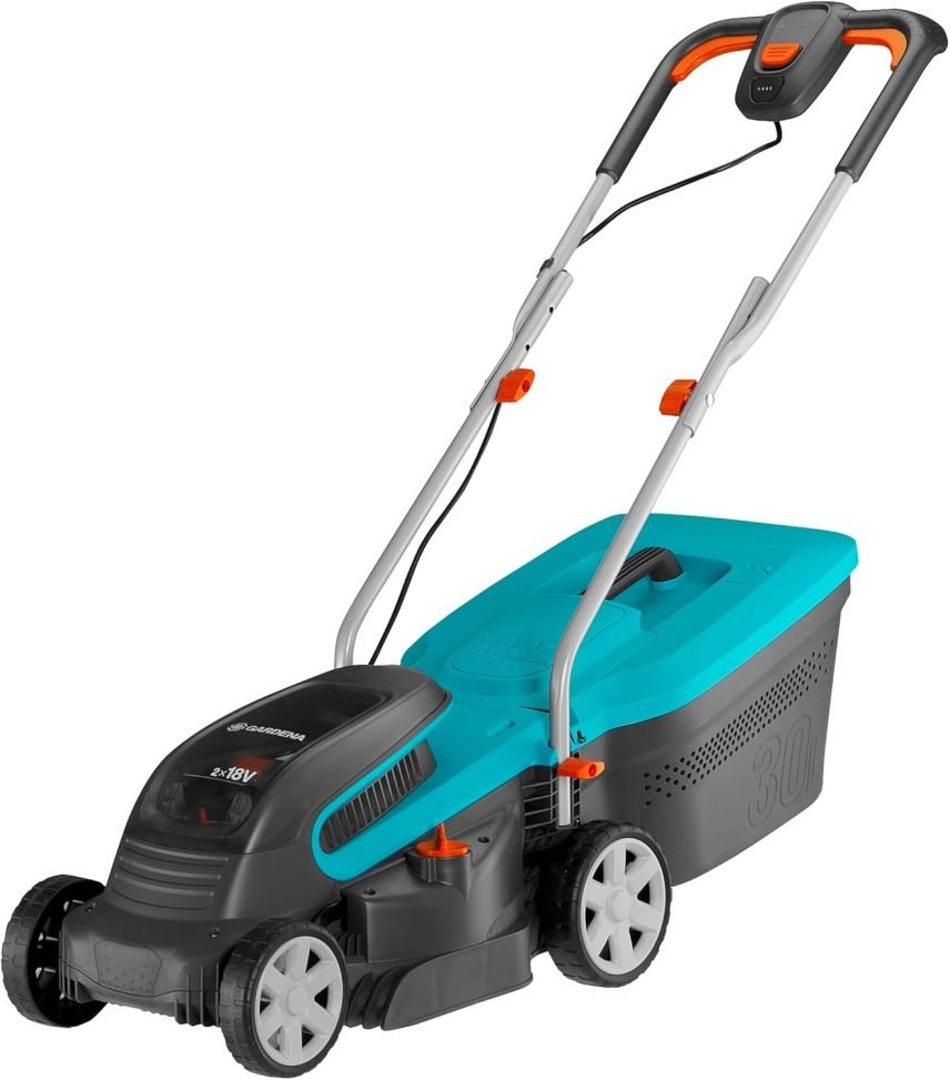Gardena PowerMax 32/36V P4A Kit tondeuse sans fil prêt à l’emploi – Jusqu’à 200 m², largeur 32 cm, bac 30 L, hauteur 20-60 mm, 2 batteries 18 V P4A