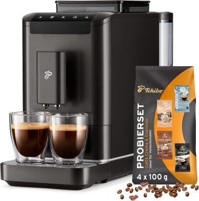 Tchibo Esperto2 Caffè Machine à café automatique avec fonction 2 tasses pour Caffè Crema et espresso, Granite Black – Coffret découverte café offert
