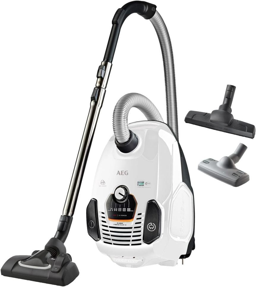 AEG VX7-2-IW-S Aspirateur – Roues souples 360°, seulement 69 dB(A), accessoires, poignée Ergo, filtre lavable, 650 W, rayon 12 m, blanc