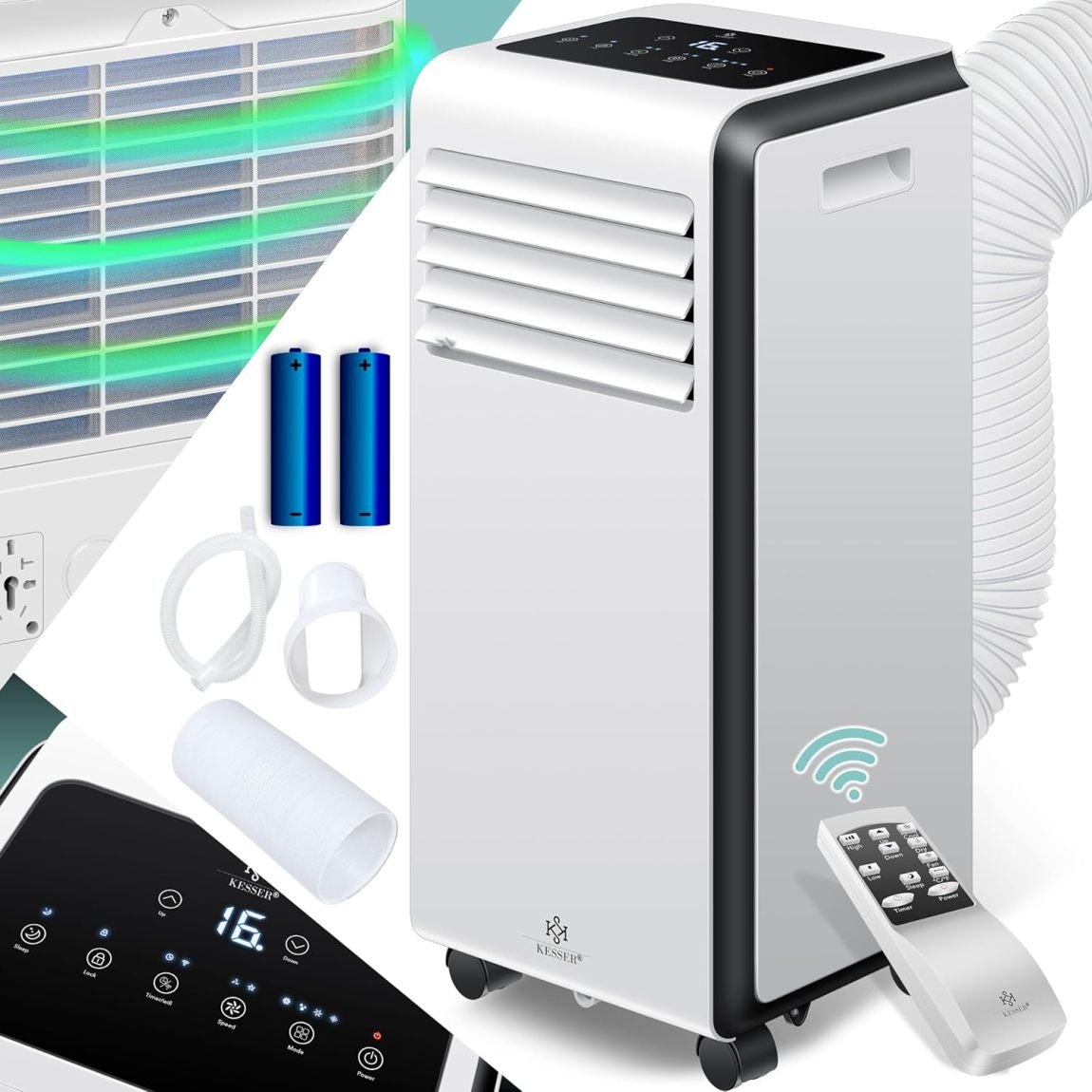 KESSER Climatiseur mobile 4-en-1 – Refroidissement, déshumidification, ventilation, 9000 BTU/h, 1005 W, télécommande, minuterie, mode nuit, roulettes