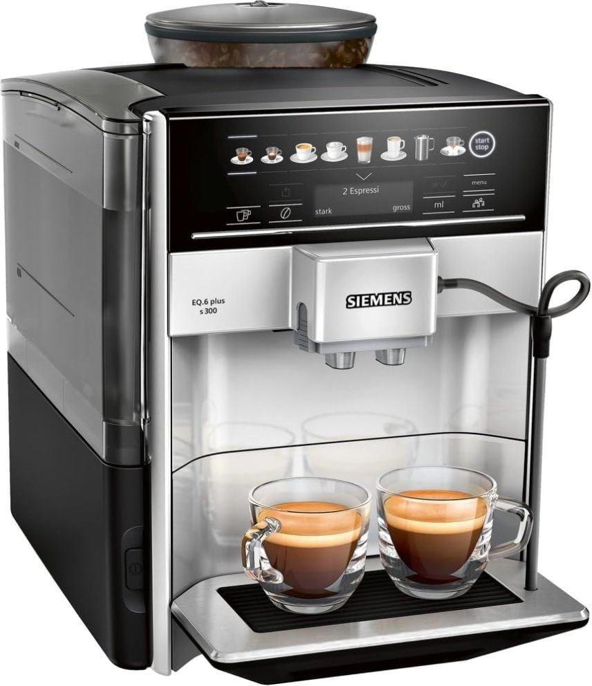 Siemens EQ6 plus s300 TE653501DE Machine à café automatique – Nombreuses boissons, mousseur à lait, broyeur céramique, double tasse, détartrage et