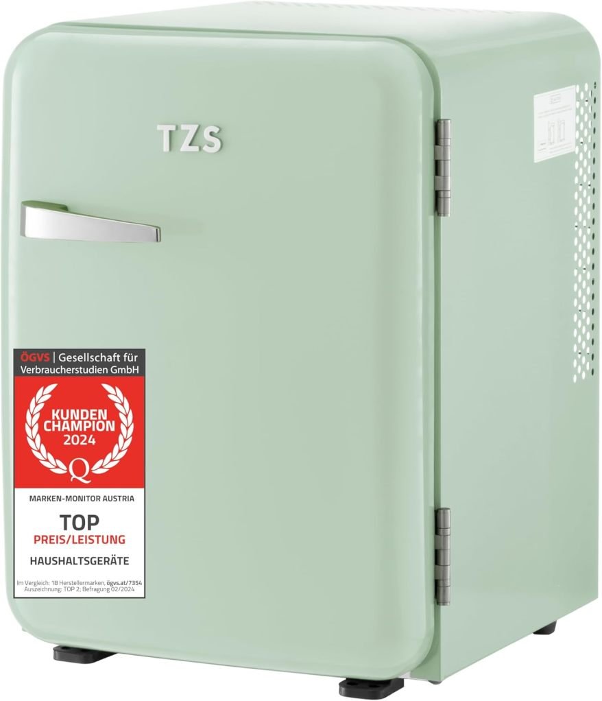 TZS First Austria Mini-réfrigérateur silencieux 40 L – Design rétro, puissance de refroidissement réglable, poignée de porte, système