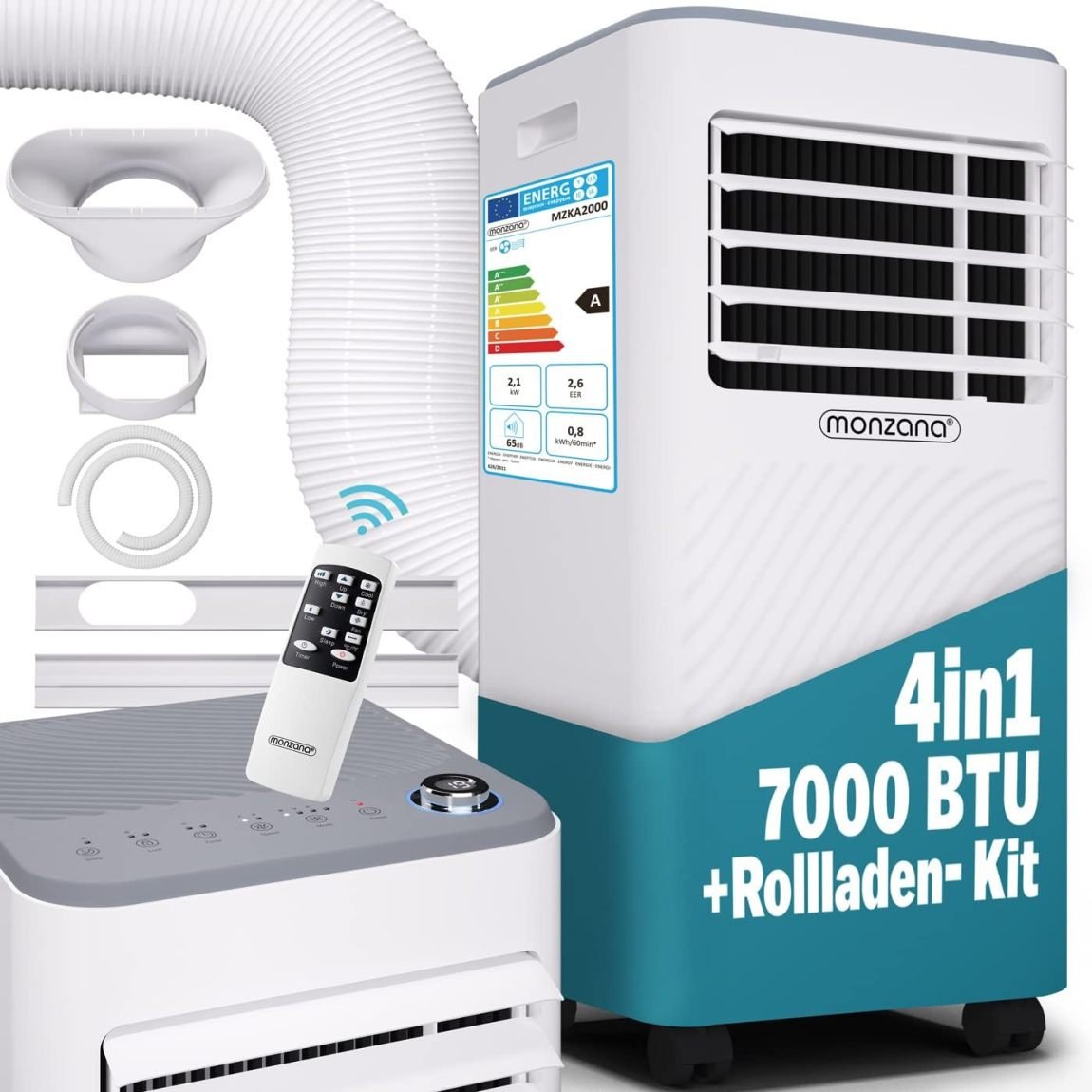 Monzana MZKA2000 Climatiseur mobile local 7000 BTU 3-en-1, 750 W – Tuyau d’évacuation, minuterie 24 h, jusqu’à 25 m², télécommande