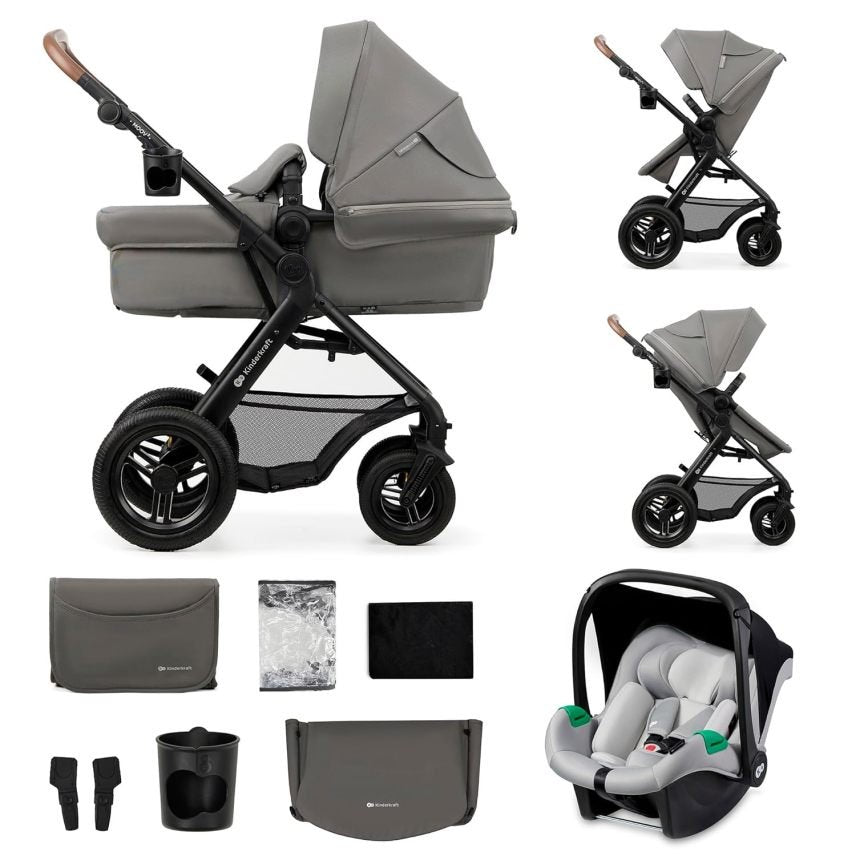Kinderkraft MOOV2 AIR Poussette 3-en-1 jusqu’à 26 kg – Siège auto i-Size 40–75 cm, fonction poussette, position allongée, grande capote, roues