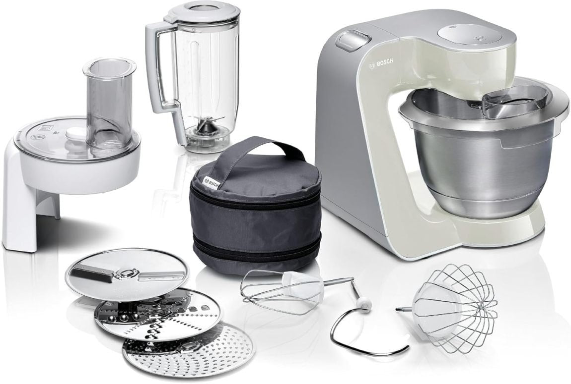 Bosch Série 4 MUM58720 Robot pâtissier – Bol inox 3,9 L, blender 1,25 L, mouvement planétaire, crochet, fouet, râpe 3 disques, 1000 W, rouge