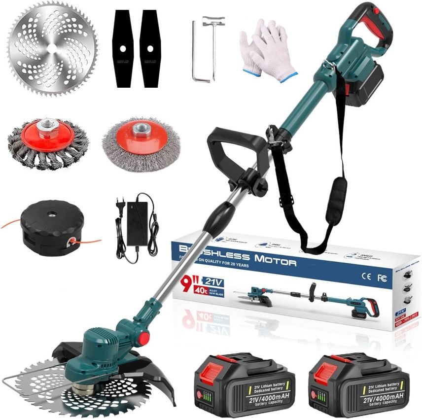 Hengriacly Coupe-bordures sans fil 21 V – Compatible batteries Makita, brosse désherbante, moteur brushless 750 W, 2 batteries 4,0 Ah et chargeur