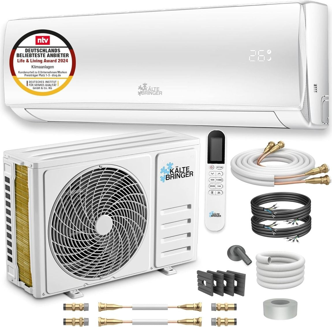 Kältebringer Climatiseur split Quick Connect 12 000 BTU (3,4 kW) avec chauffage – Wi-Fi/app, jusqu’à 91 m², très silencieux, 5 m de cuivre, R32