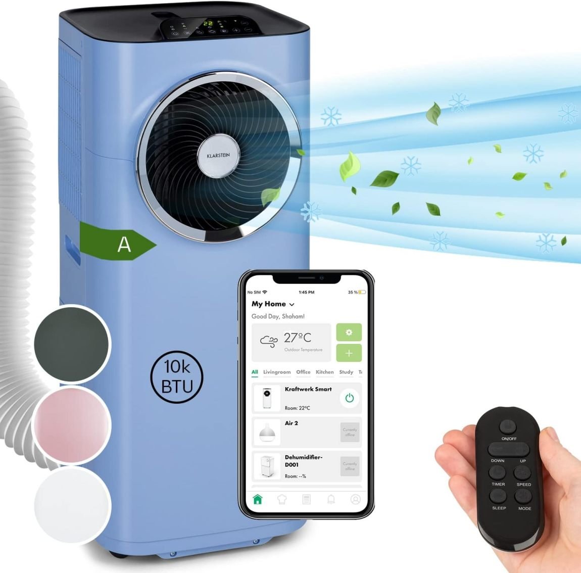 Klarstein Climatiseur mobile 5-en-1 avec tuyau d’évacuation – Ventilateur, déshumidificateur, purificateur, mode nuit, application, 12 000 BTU