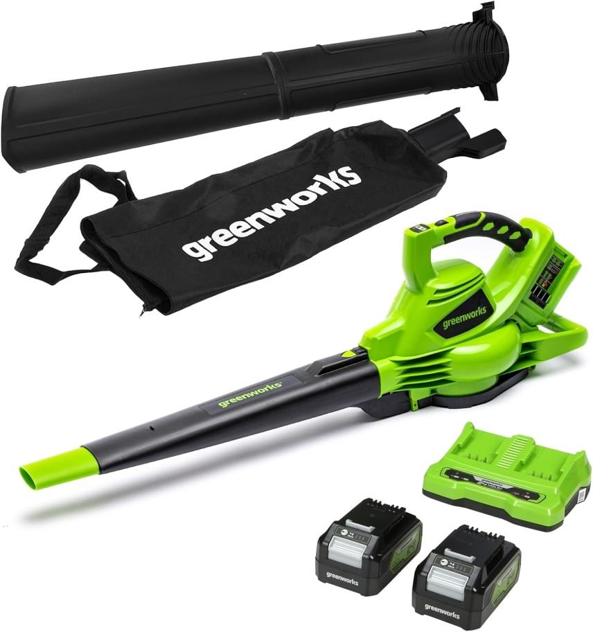 Greenworks Aspirateur/souffleur de feuilles sans fil 48 V (2×24 V) – Brushless, jusqu’à 322 km/h, sac 45 L, 2 batteries 4 Ah et chargeur, garantie