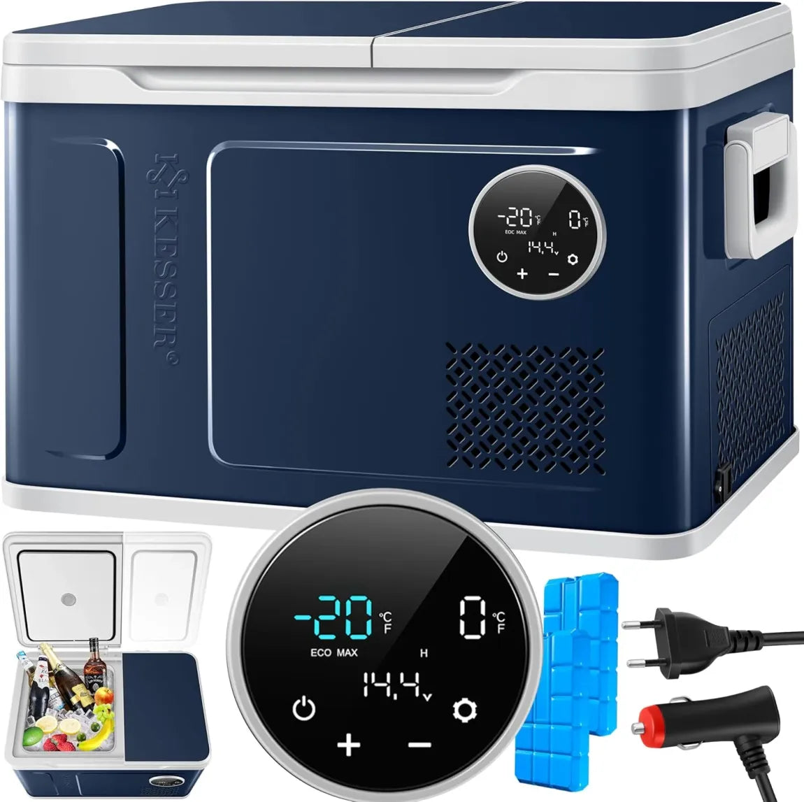 KESSER® Glacière à compresseur 2-en-1 double zone réfrigération/congélation – 2 accumulateurs, commandes tactiles LED, jusqu’à -20 °C, 12/24 V et