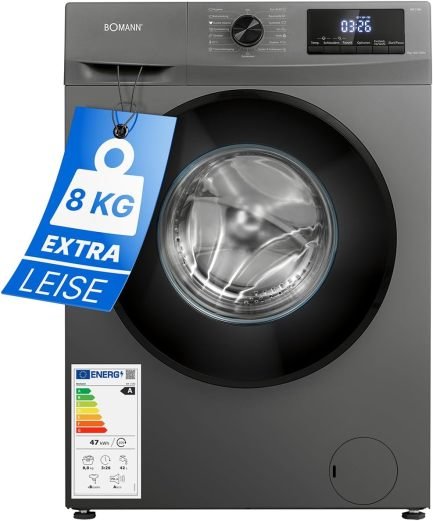 Bomann® Lave-linge 8 kg, 1400 tr/min – Garantie moteur 10 ans, moteur inverter silencieux, 15 programmes, écran LED, fonction vapeur, WA