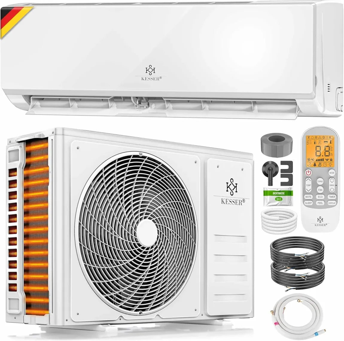 KESSER Kit climatisation split Wi-Fi/app – Refroidissement A++ / chauffage A+, 9000 BTU/h (2600 W), R32, télécommande, minuterie, matériel de montage