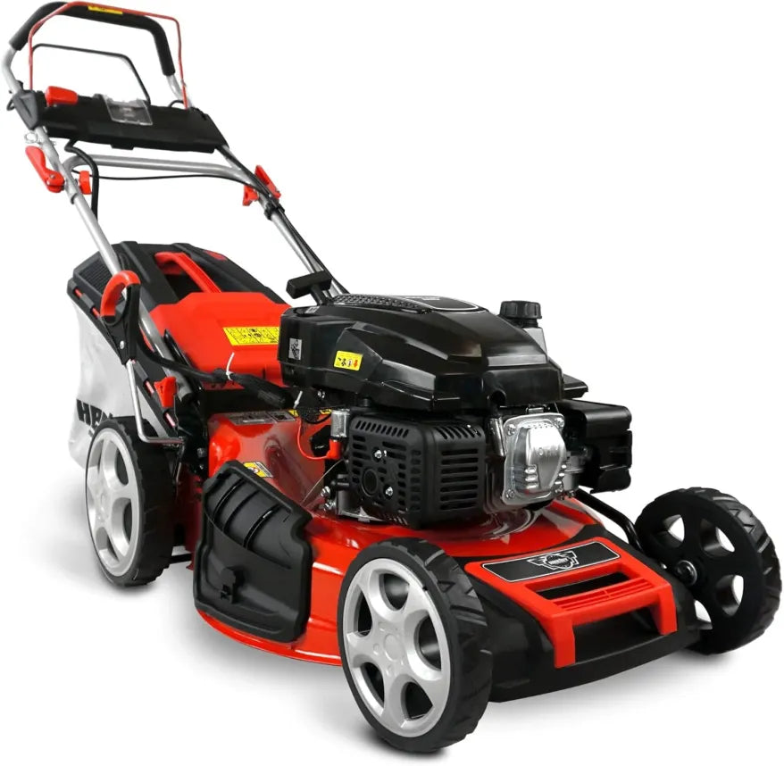 HECHT Tondeuse à essence 5-en-1 – Moteur Eco 4 temps 4,4 kW (6 ch), démarrage électrique, largeur 53 cm, bac 75 L, traction, roues brevetées