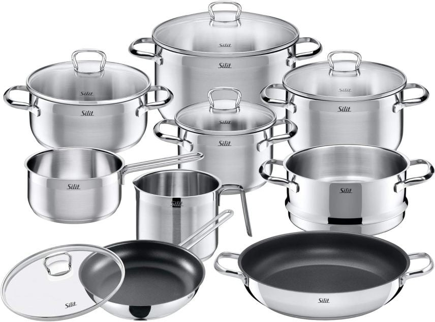 Silit Toskana Batterie de cuisine induction 10 pièces – Casseroles avec couvercles en verre, casserole à lait, cuit-vapeur et poêle, inox satiné non