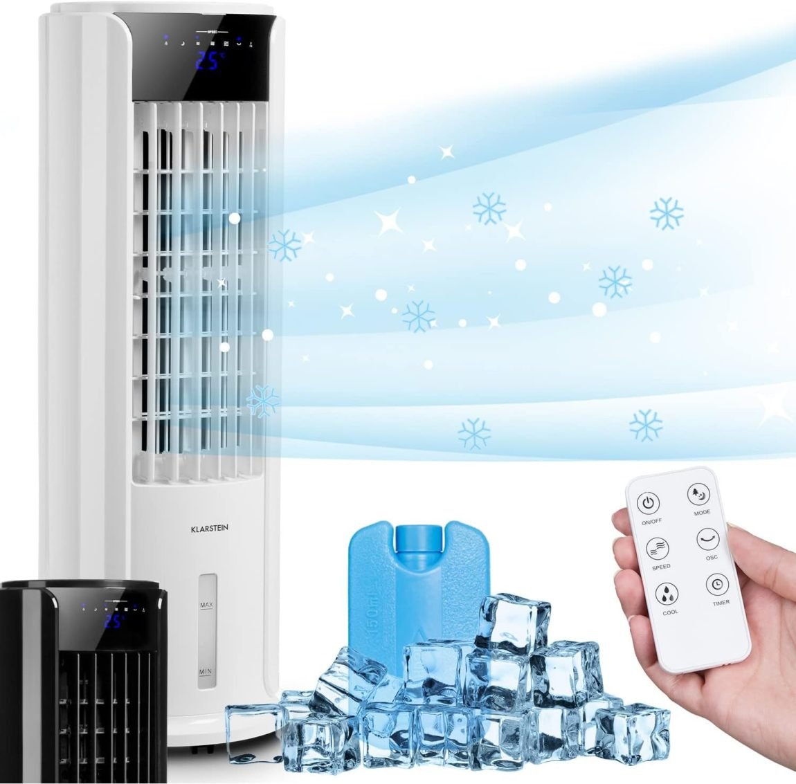 Klarstein Rafraîchisseur d’air à eau 4-en-1 – Humidificateur, ventilateur, mode nuit, réservoir 3,5 L, minuterie, 60 W, débit 486 m³/h