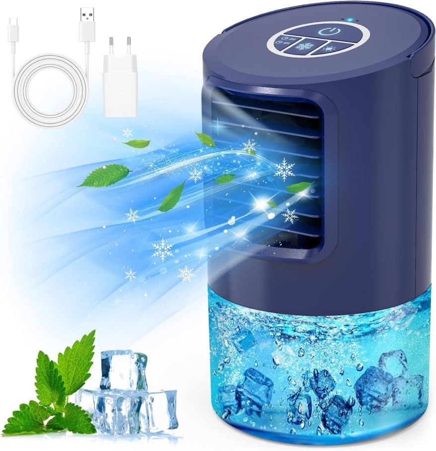 RenFox Mini rafraîchisseur d’air 5-en-1 – Climatiseur mobile, ventilateur, humidificateur, 3 vitesses, 7 LED, pour maison et bureau