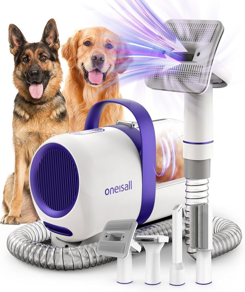 oneisall Aspirateur pour chien avec brosse – Puissance 12 000 Pa, aspiration des poils en un bouton, 4 accessoires de toilettage