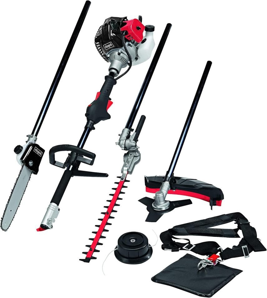 Scheppach MT33P Outil de jardin thermique multifonction 4-en-1 – Coupe-bordures, tronçonneuse, débroussailleuse et taille-haies, 1,22 ch, moteur