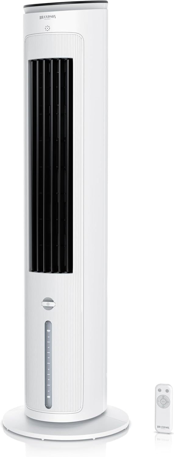 Brandson Ventilateur tour avec refroidissement à eau – Lauréat 2025, rafraîchisseur évaporatif 5-en-1, silencieux, sans tuyau d’évacuation, réservoir