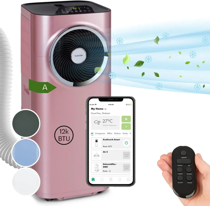 Klarstein Climatiseur mobile 5-en-1 avec tuyau d’évacuation – Ventilateur, déshumidificateur, purificateur d’air, mode nuit, contrôle via