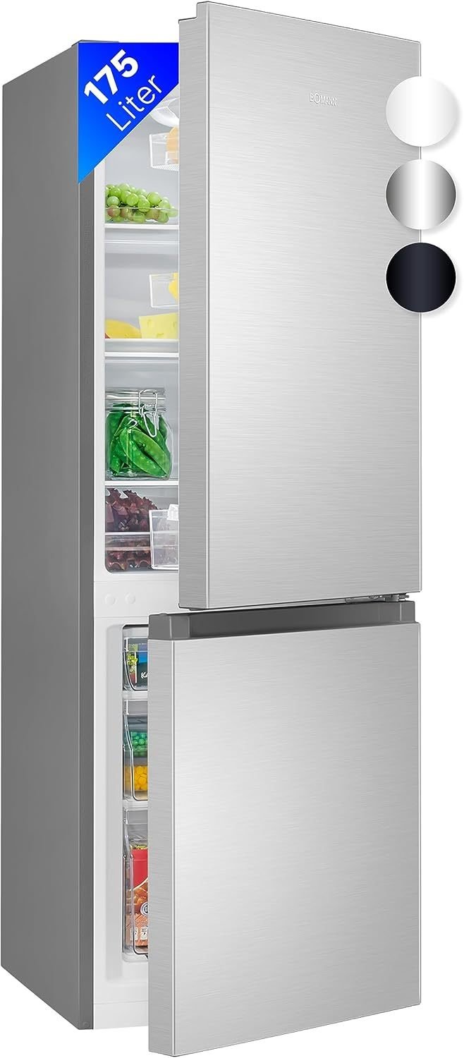 Réfrigérateur-congélateur finition inox – 3 clayettes en verre, 3 tiroirs congélateur, fonctionnement silencieux 39 dB, porte réversible, format gain