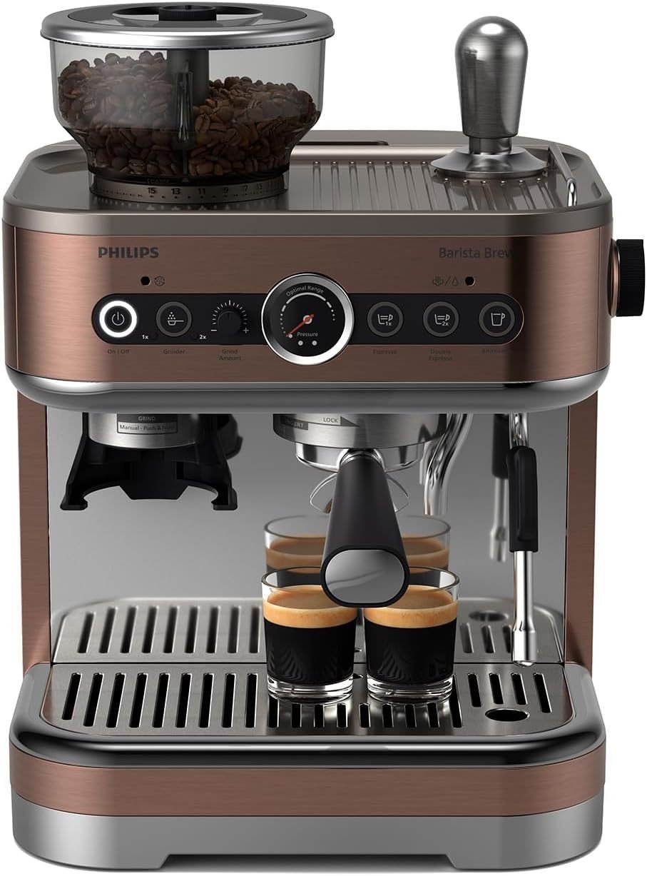 Philips Barista Brew Machine à espresso semi-automatique PSA3218/01 – Espresso simple/double, Americano, bac à grains 250 g, tassage calibré, argent