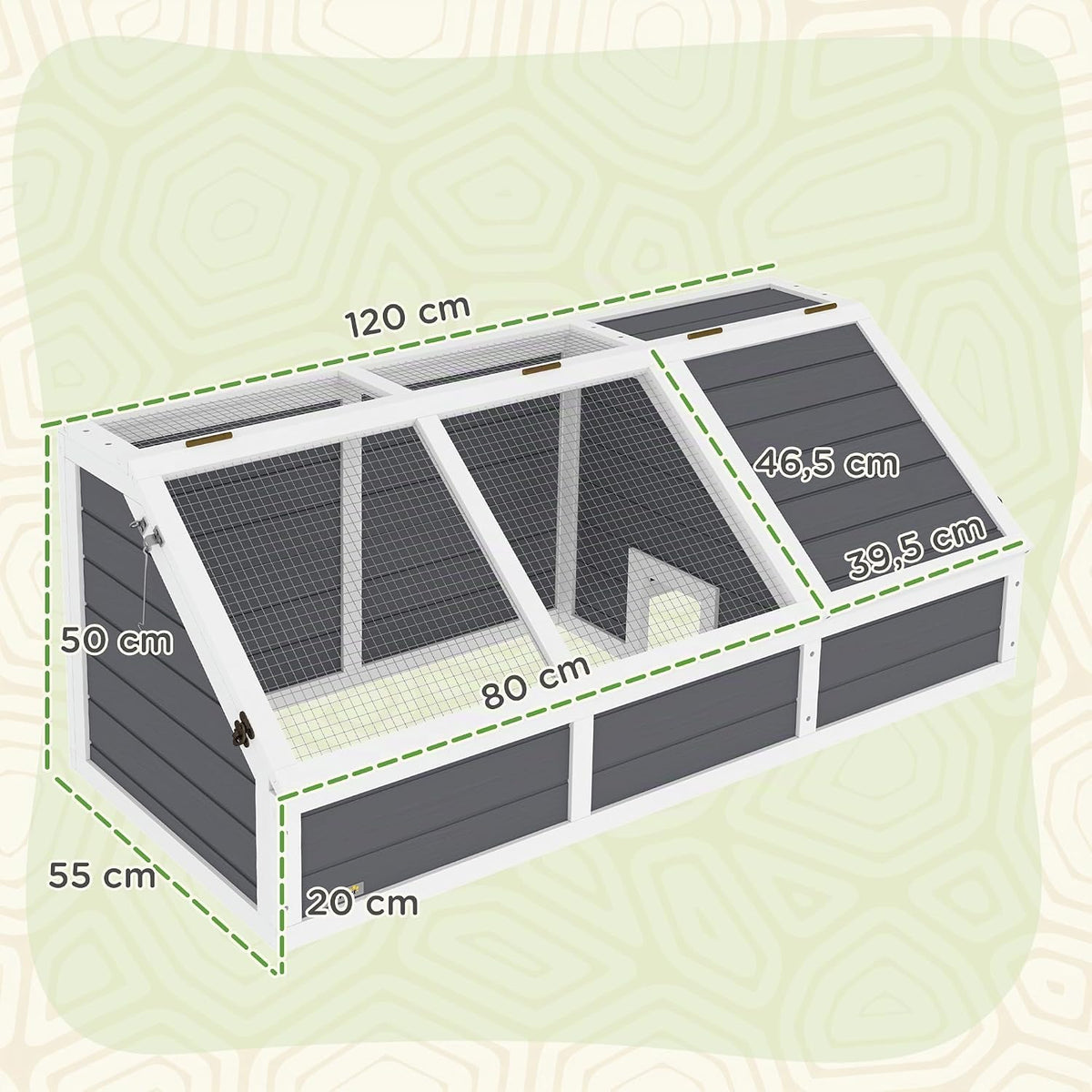 Maison en bois pour tortues avec couvercle ouvrant – 120 x 55 x 50 cm – Gris
