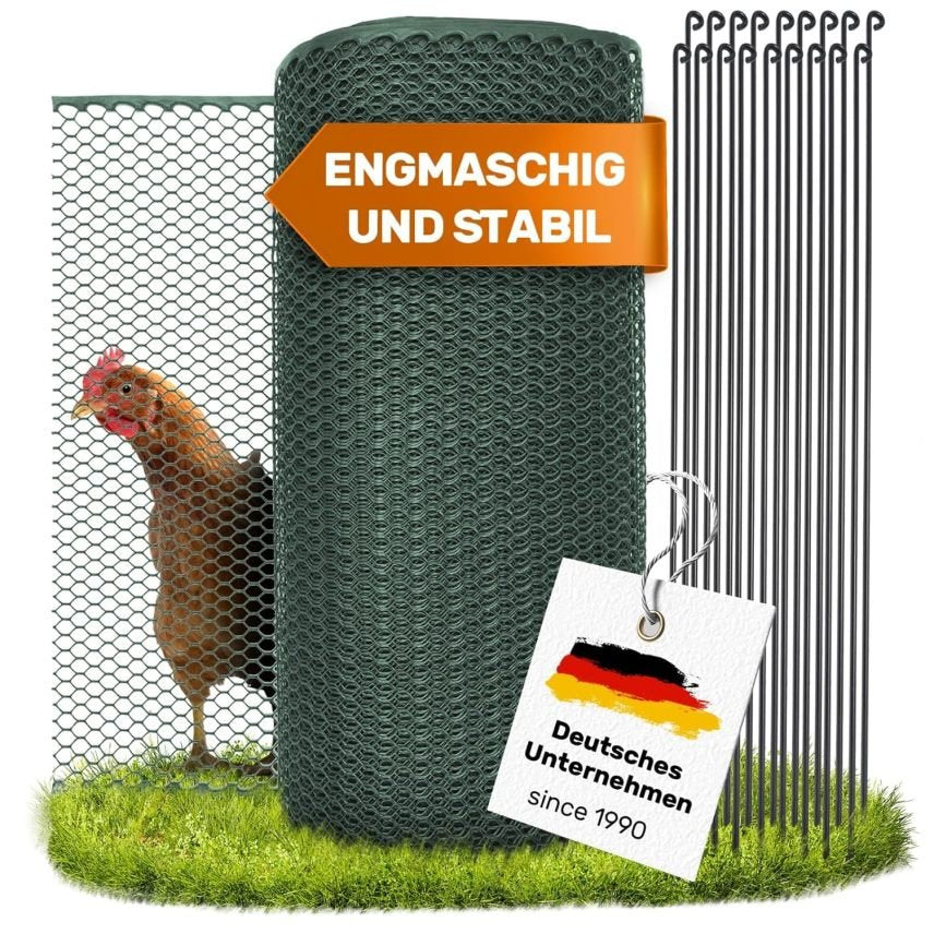 SELFmania Filet clôture pour poules 25 m × 120 cm – Maille serrée, stable, anti-UV, 21 piquets + 25 sardines en U, pour volailles, chiens et petits