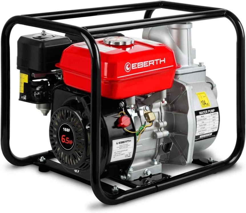 EBERTH Pompe à eau thermique 5,5 ch – 30 000 L/h, hauteur 30 m, raccord 2″, aspiration 7 m, moteur 4 temps, démarrage par lanceur