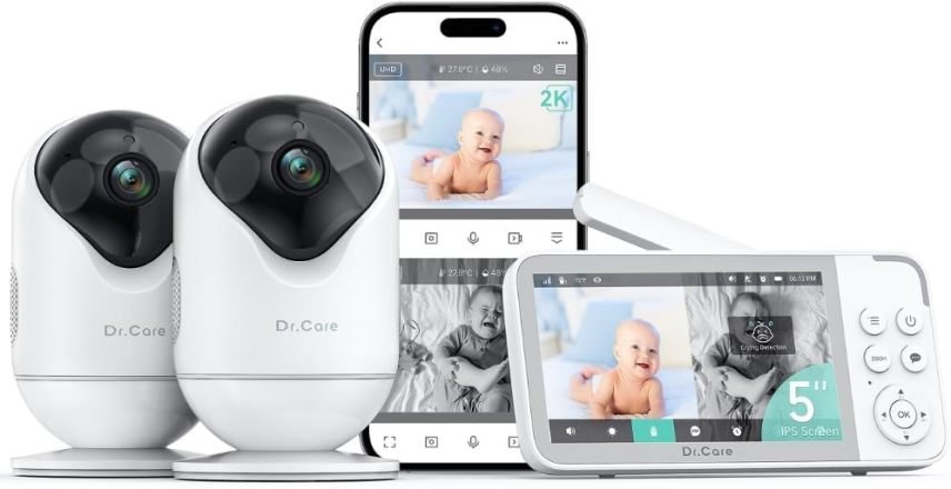 Dr.Care VistaView Babyphone Wi-Fi intelligent avec 2 caméras – Écran 5″ 1080p, caméra 2K, application, alertes mouvement/pleurs, vision nocturne