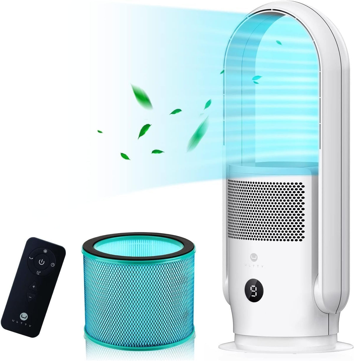 Ventilateur sans pales Ultty avec purificateur d’air – Ventilateur tour silencieux, télécommande, commandes tactiles, minuterie 8 h, filtre HEPA