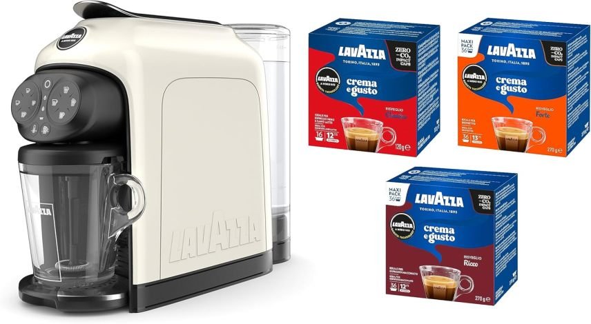 Lavazza A Modo Mio Deséa White Cream Machine à café – Avec 88 capsules assorties, 1500 W, réservoir 1,1 L, bac jusqu’à 10 capsules