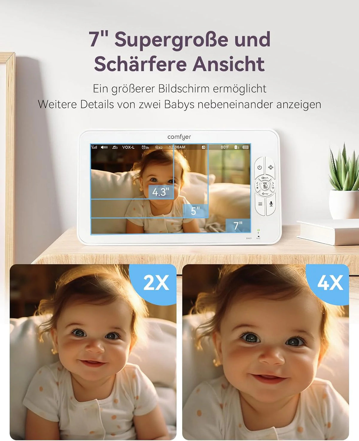 Comfyer Babyphone vidéo écran partagé avec 2 caméras, écran 7 pouces HD 720p, sans Wi-Fi, support, vision nocturne IR, objectif grand-angle, mode