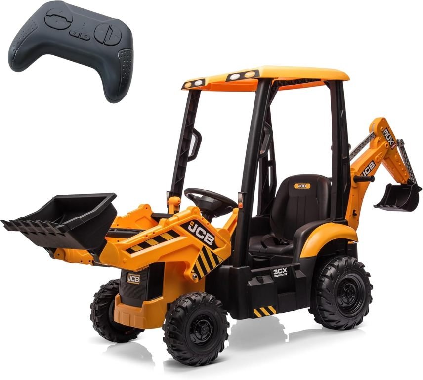 Pelleteuse et bulldozer électrique enfant 4-en-1, 12 V – Télécommande, chargeur frontal, pelle, klaxon, pneus EVA, jaune