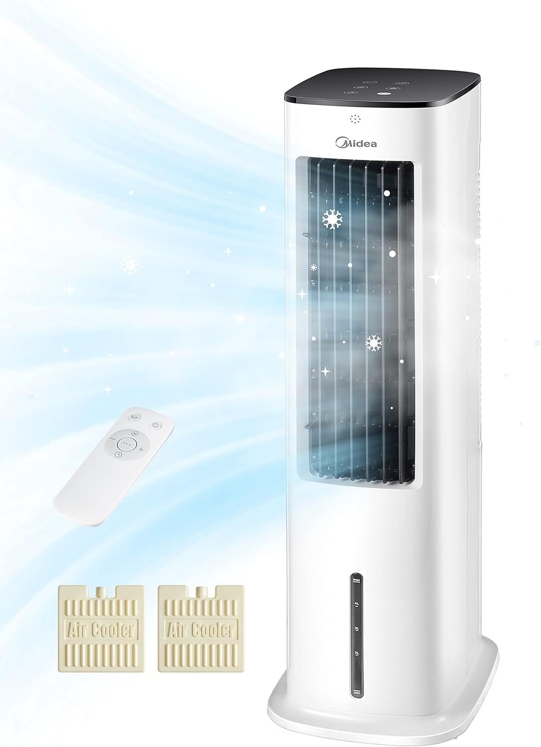 Midea Rafraîchisseur d’air avec refroidissement à eau – Réservoir 5 L, humidificateur, ionisation, sans gaine d’évacuation, 355 m³/h, télécommande