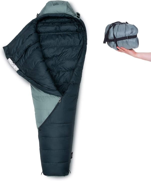 qeedo Takino Sac de couchage en duvet hiver – Tailles M et L, chaud, compact et léger