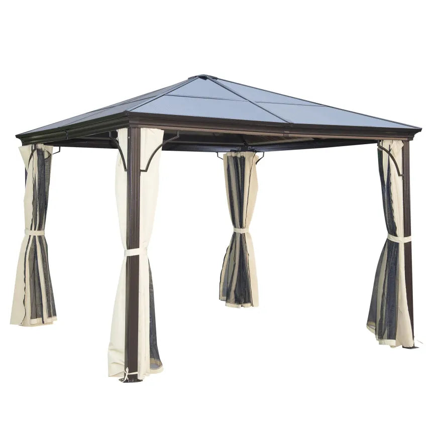 Outsunny Tonnelle de jardin Hardtop – Toit polycarbonate, moustiquaire, structure aluminium