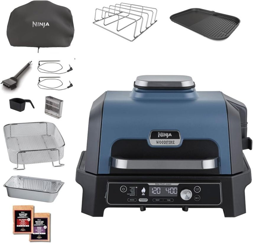 Ninja Woodfire Barbecue électrique, fumoir et Airfryer 7-en-1 – Air Fry, fumage, rôtissage, cuisson et plus, résistant aux intempéries, antiadhésif