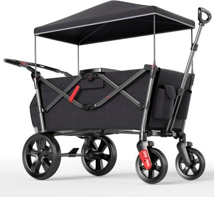 EVER ADVANCED Chariot poussette pliable pour 2 enfants avec toit – 2 harnais 5 points, sac à langer, sièges, traction/poussée et frein au pied