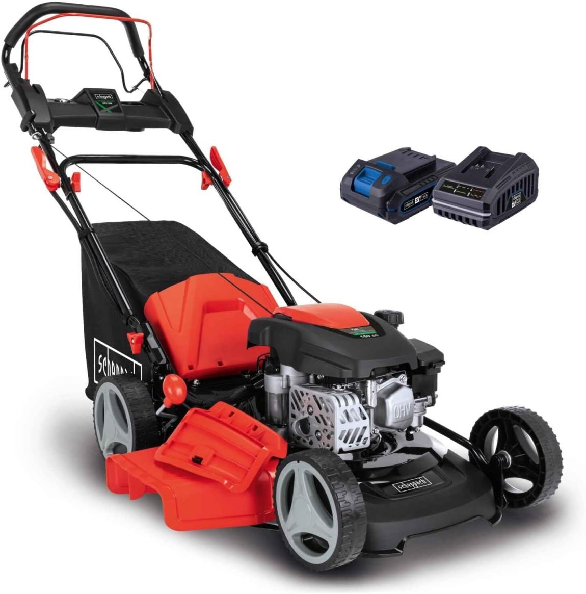Scheppach MS150-46E Tondeuse thermique avec démarrage électrique – Coupe 46 cm, bac 55 L, châssis acier, 7 hauteurs, mulching, traction, éjection
