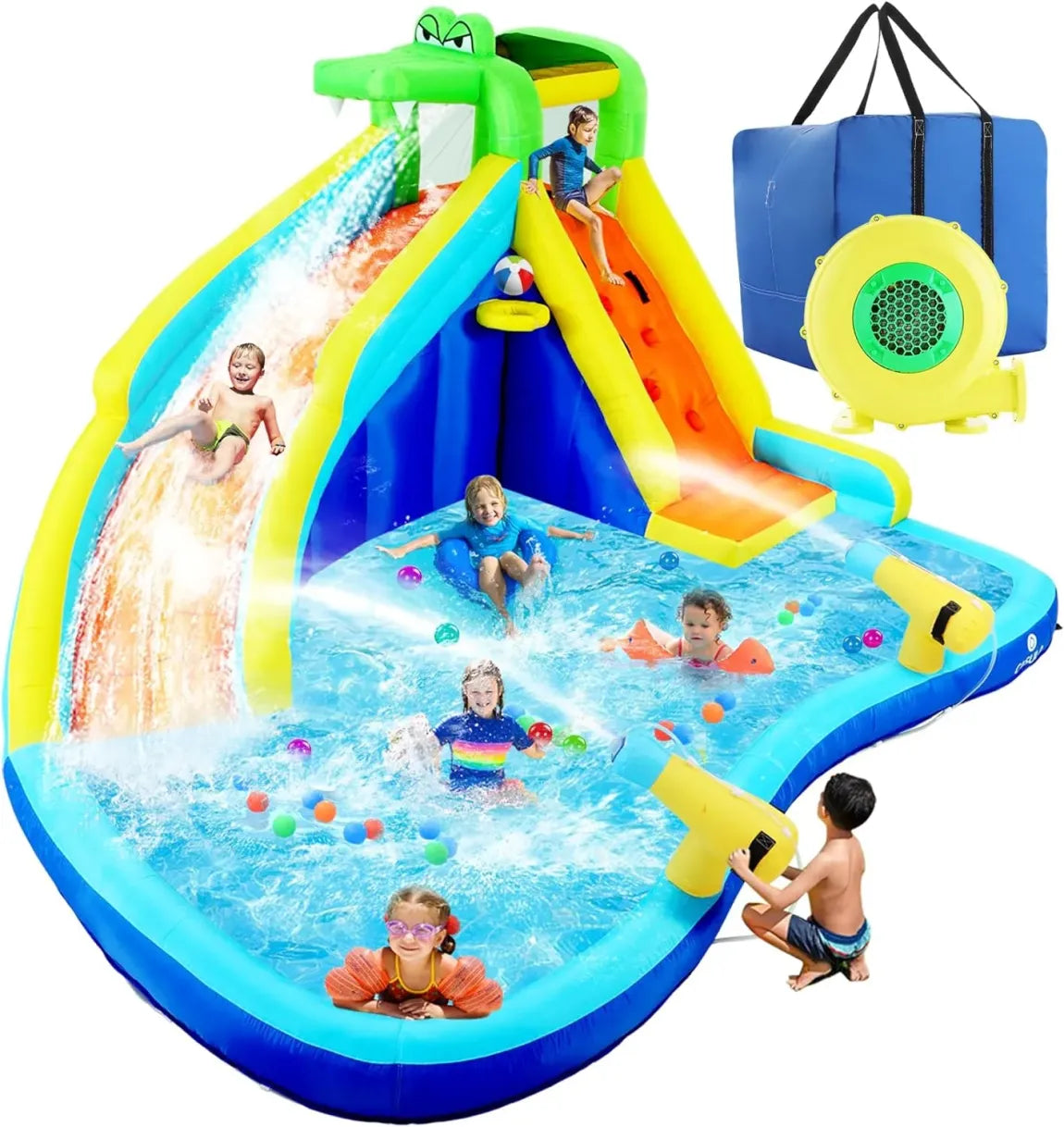 Parc aquatique gonflable enfant 8-en-1 avec soufflerie 450 W – Mur d’escalade, pataugeoire, 2 canons à eau, panier de basket, toboggan et arroseur