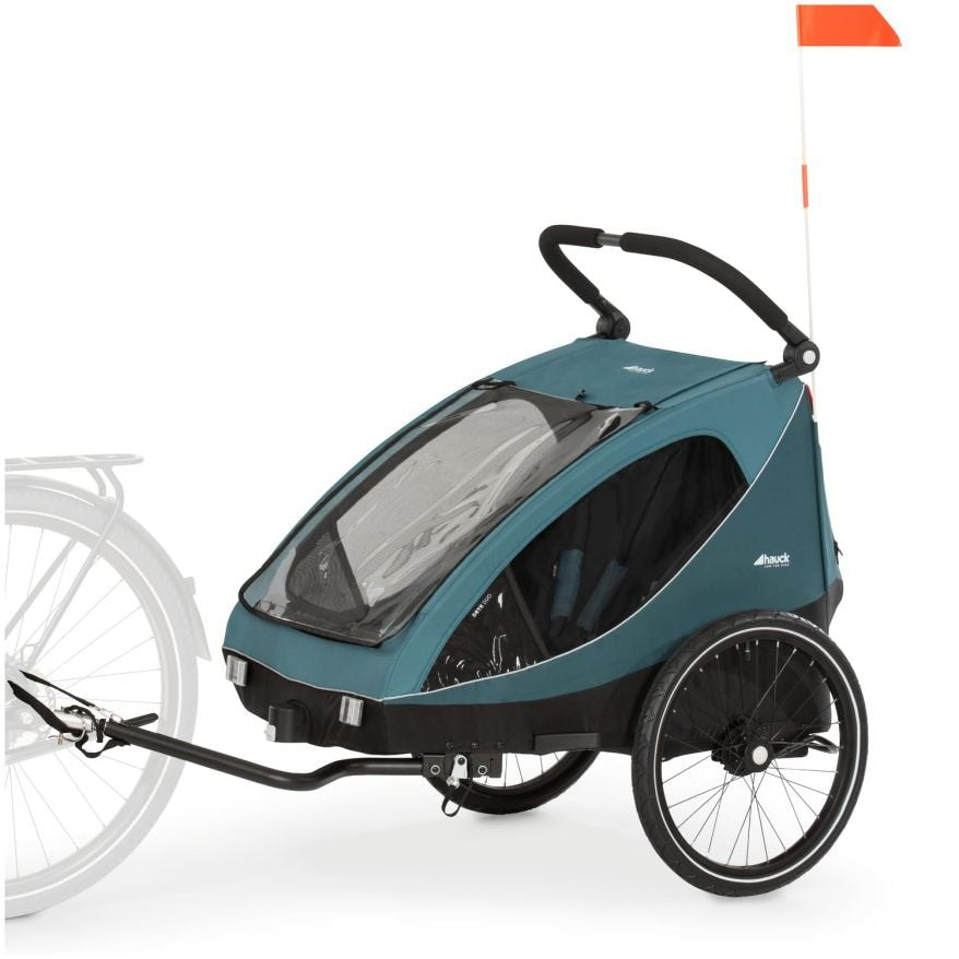 Hauck Dryk Duo Plus Remorque vélo et poussette suspendue pour 2 enfants de 6 à 48 mois, timon, roue poussette, drapeau et LED inclus, pliable
