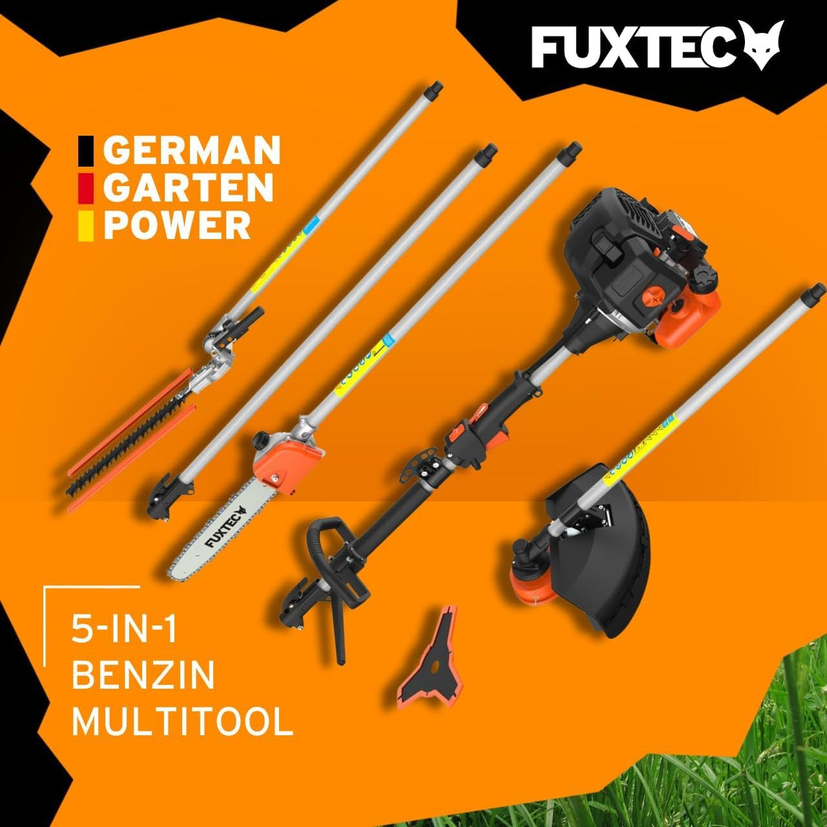 FUXTEC Débroussailleuse thermique FX-MT152E Multitool 5-en-1 – 52 cm³, 3 ch, harnais pro, rallonge 1 m, taille-haies, élagueuse et coupe-bordures