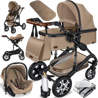 KESSER Loops Poussette combinée 3-en-1 – Nacelle, siège sport et coque auto ECE R129, pneus pleins, sac à langer, housse pluie, tablette enfant