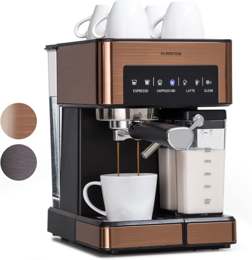 Klarstein Machine à espresso avec porte-filtre et mousseur à lait – 1,8 L, 20 bar, inox, réservoir lait 0,5 L, 1350 W, café moulu