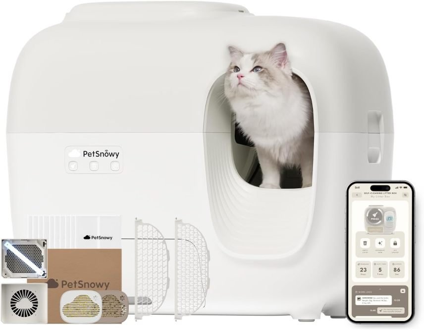 PetSnowy Litière autonettoyante pour chat avec contrôle des odeurs TiO2, application, emballage automatique, pour grands chats et foyers multi-chats