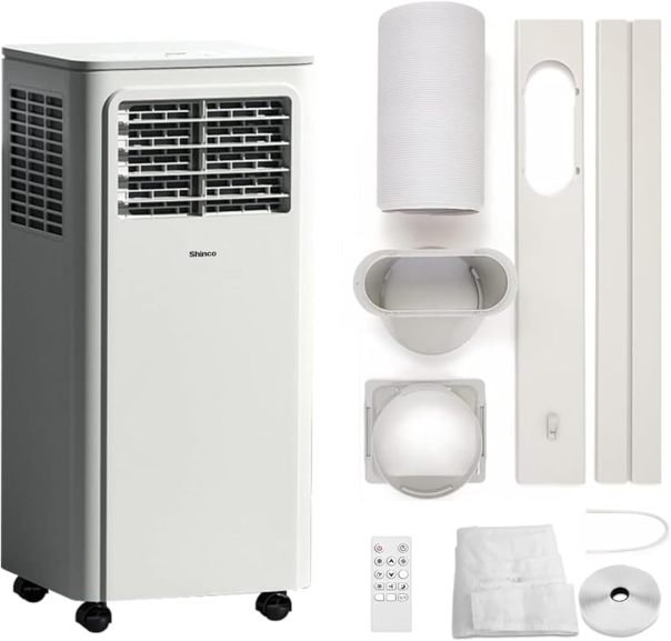 SHINCO Climatiseur mobile avec gaine 9000 BTU / 2,6 kW – Refroidit, ventile et déshumidifie, mode sommeil, jusqu’à 22 m², minuterie 24 h