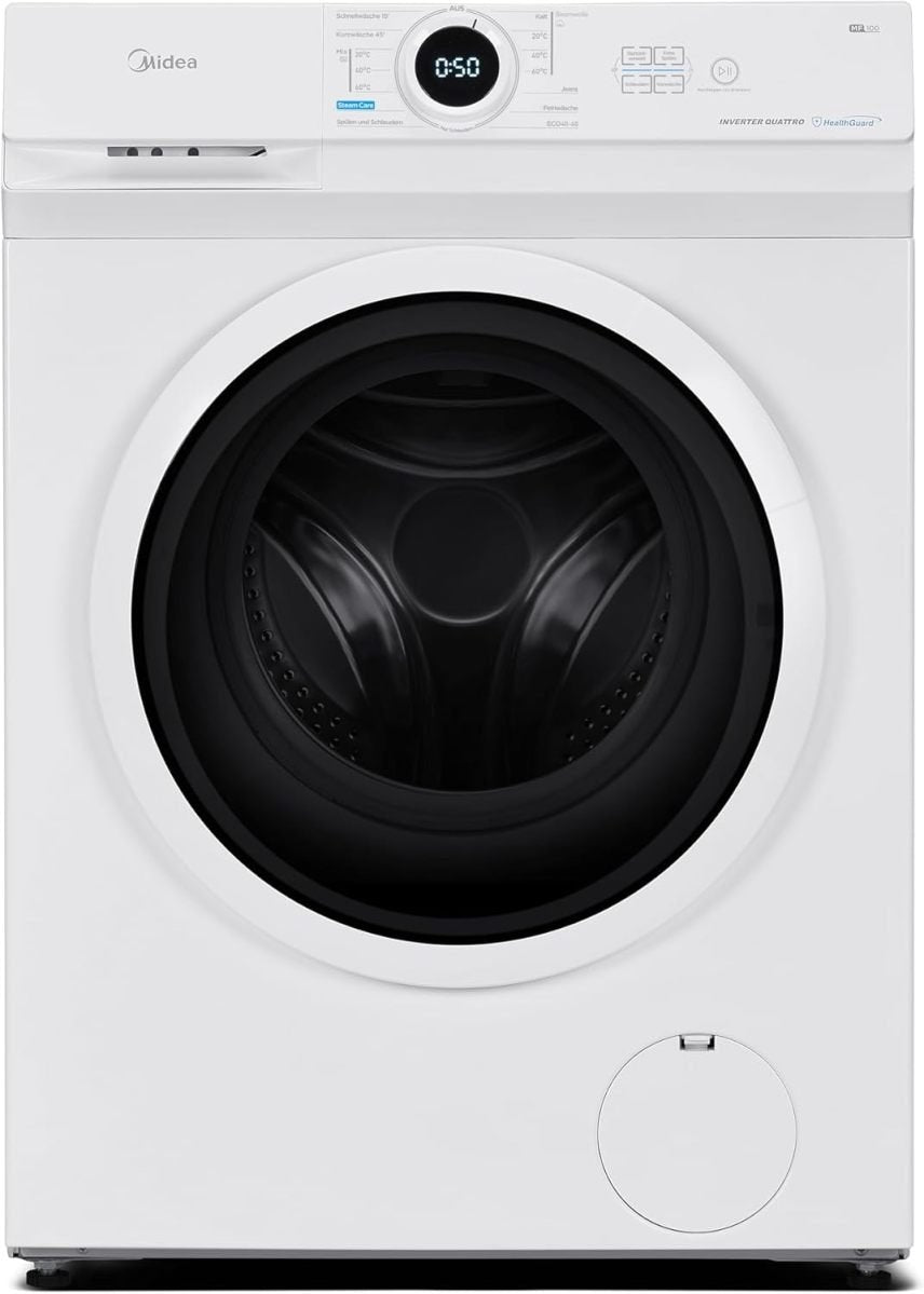 Midea MF10EW80B Lave-linge 8 kg, 1400 tr/min, classe A – Moteur Inverter Quattro, vapeur, grande cuve, design slim, ajout de linge, sécurité enfant