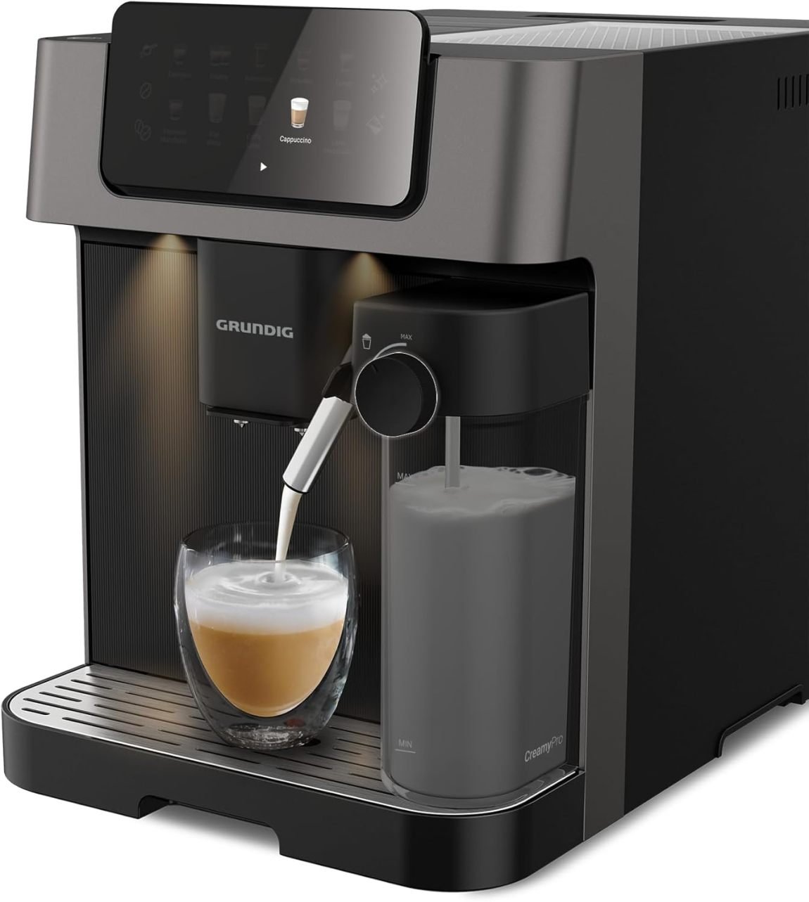GRUNDIG KVA 7230 Machine à café automatique – 10 spécialités, 13 niveaux de mouture, réservoir à lait, 1350 W, pompe 19 bar, double buse, éclairage